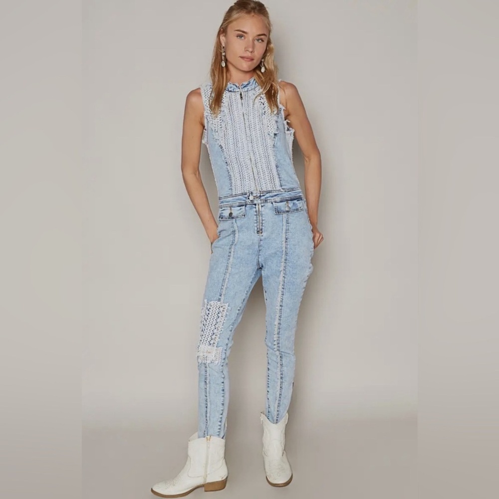 902. NEW POL Vintage Wash Crochet Denim Jumper